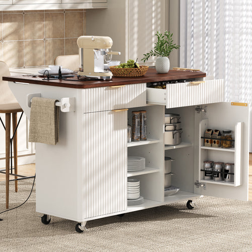 Kitchen Storage Cart Island With Drop Leaf, Power Outlet
